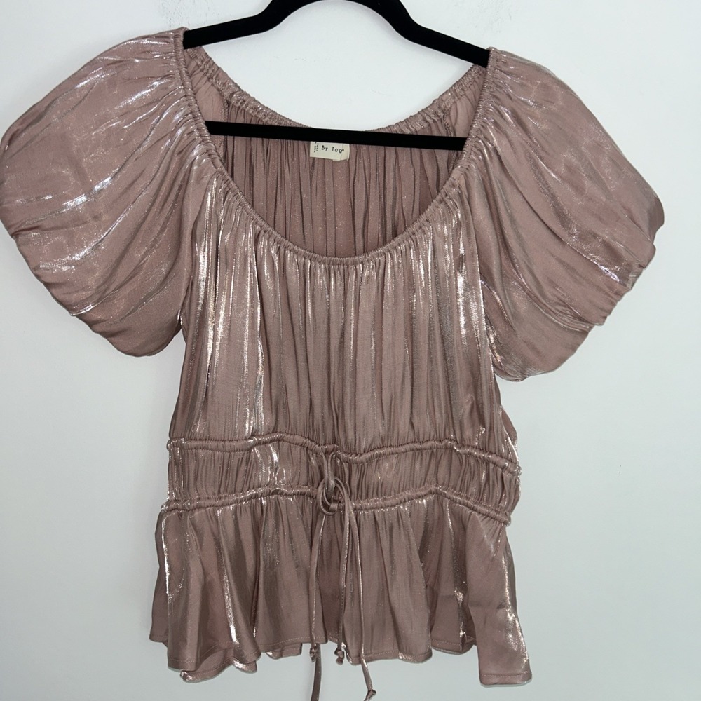 By Together Dusty‎ Pink Women's M Puff Sleeve Smocked Tie Blouse Summer Light